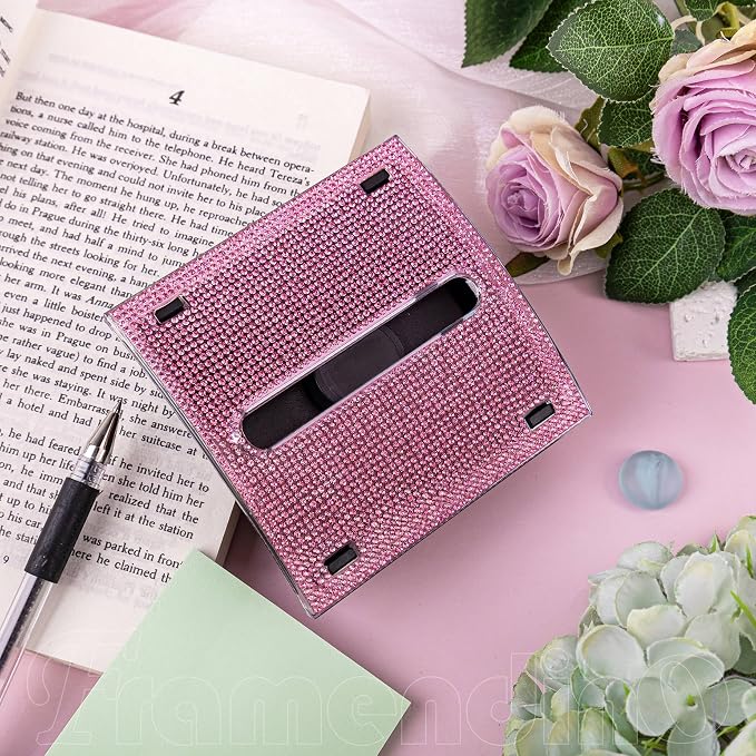 Framendino, Bling Self Sticky Note Holder 3 x 3 Inch Crystal Post It Notes Dispenser for Office Home Desk Accessories (Pink)