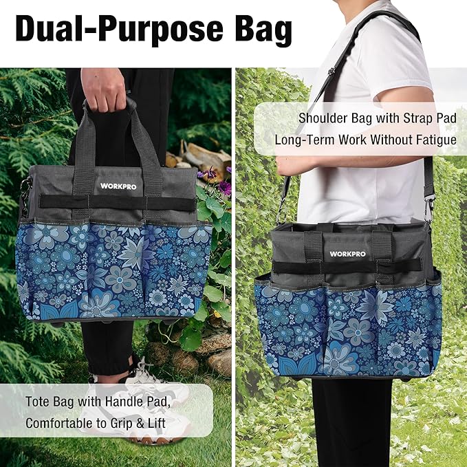 WORKPRO Garden Tool Bag, 10 Pockets and Shoulder Strap, Floral Blue | Heavy Duty Gardening Organizer Tote Bag Standable Garden Home Tool Kits Organizer (Tools are not Included)