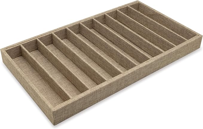 The Display Guys - Stackable Jewelry Tray and Organizer - for Drawers, Dressers, Store Display (10 Compartments, Beige Burlap)