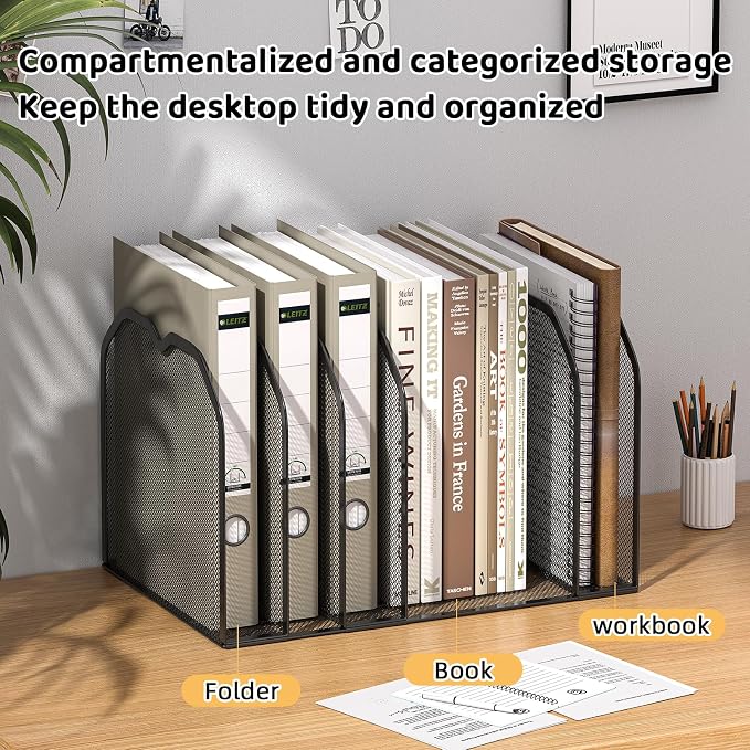 FANXIYQ Black 7-Section File Folder Organizer for Desk, Metal Vertical File Holder Stand, Desktop File Organizer Rack for Letter/A4 Folders, Papers, Books, Office Classroom Home