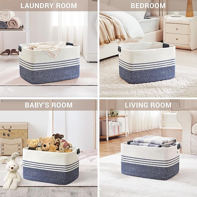72L Woven Laundry Basket Hamper with Leather Handles,Denim Blue | 22"x17"x12", collapsible wicker hamper, storage for dirty clothes, toys, blankets, gifts, living room, bedroom, bathroom