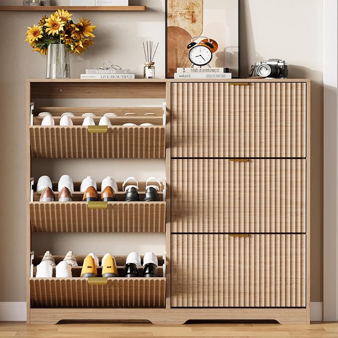 HUANLEGO Shoe Cabinet Storage for Entryway with 6 Flip Drawers, Oak Fluted Shoe Cabinet with Adjustable Shelves, Wooden Hidden Shoe Rack Freestanding Narrow Slim Shoes Storage for Hallway, Entrance