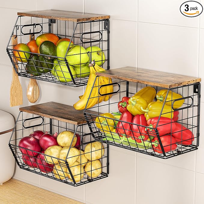 Delamu Stackable Metal Fruit Basket with Wood Lid 3 Pack, Hanging Wall Organizer for Kitchen Counter, Pantry Storage for Onions, Potatoes, Garli, Fruits, Spices, Black
