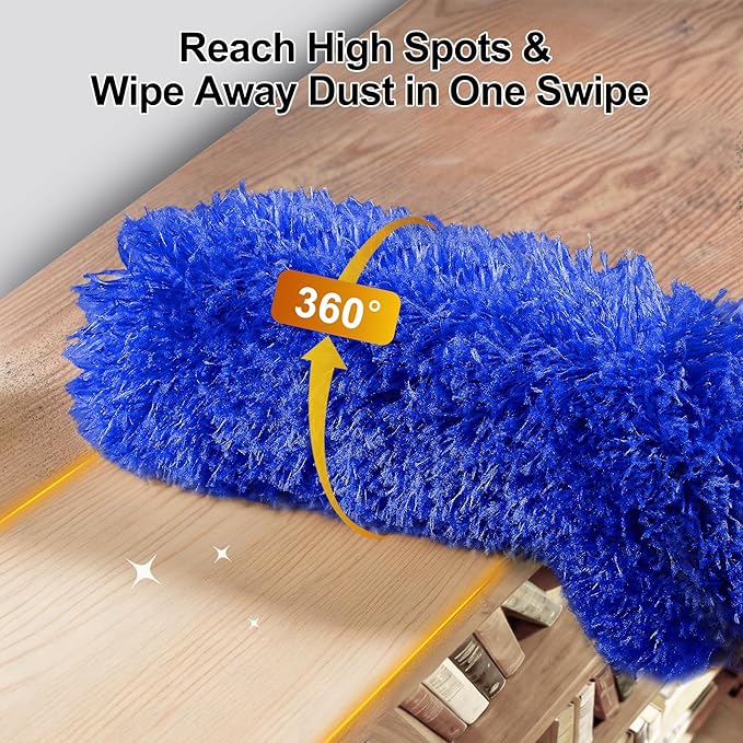 Tiumso Ceiling Fan Cleaner Dusters for Cleaning 6-in-1 Kit, Cobweb Duster with Extension Pole, 100 Inches High Ceiling Fan Blade Cleaners with 5 Reuseable Dusting Heads for Windows and Blinds- Blue