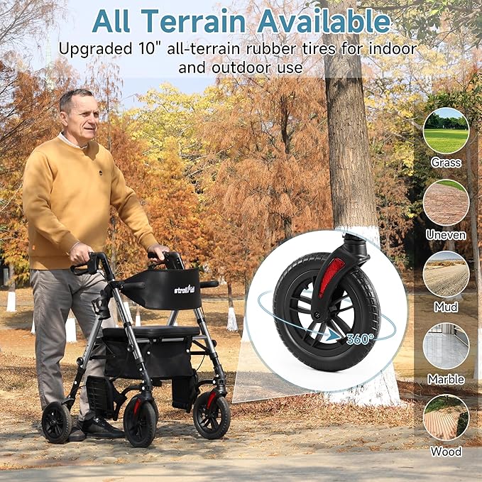 Walkers for Seniors, 2 in 1 Rollator Wheelchairs Combo 10" Big Wheels Walker with Seat, Rollator Transport Chair with Brakes Folding Rolling Walker for Adults, Grey