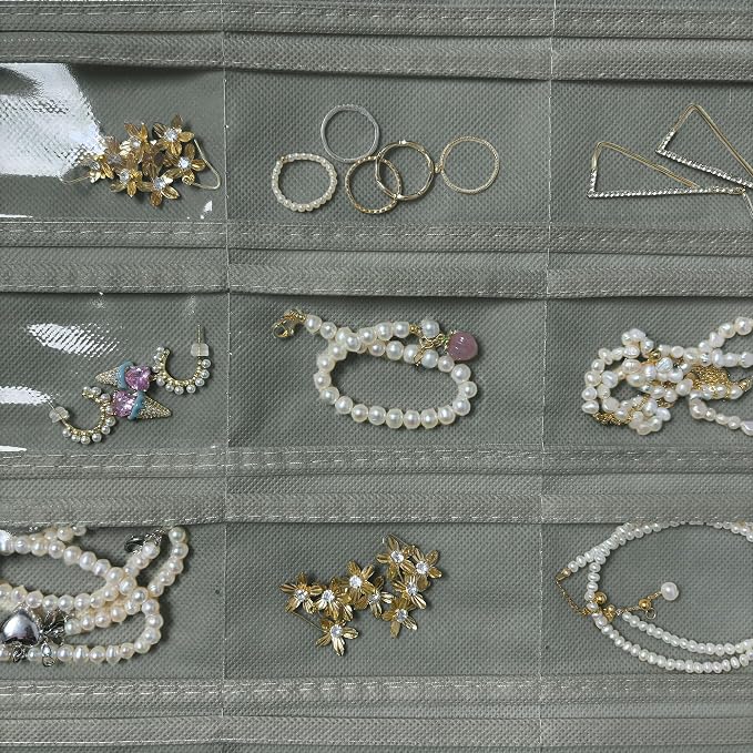 Hanging Jewelry Organizer 80-Pocket Double-Sided Storage, 1-Pack, Gray | Foldable clear PVC 80-pocket storage; swivel hook fits walls, doors & rods to organize earrings, necklaces, bracelets & rings