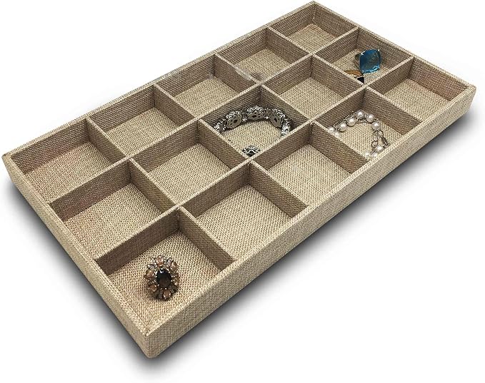 The Display Guys - Stackable Jewelry Tray and Organizer - for Drawers, Dressers, Store Display (15 Compartments, Beige Burlap)