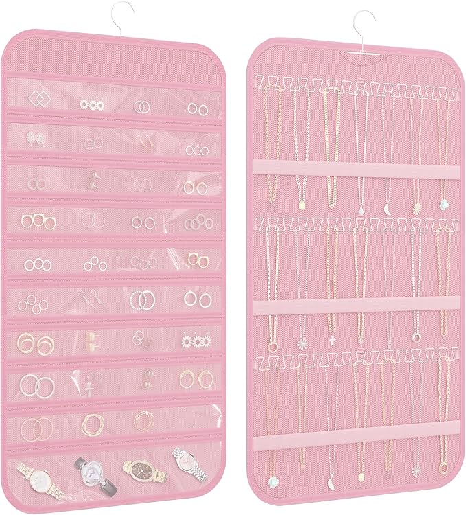 Double-Sided Hanging Jewelry Organizer for Necklaces Earrings, 1-Pack, Pink | Foldable 36 hooks & 40 clear pockets; swivel hook fits walls, doors & rods for earrings, bracelets, rings & small jewelry