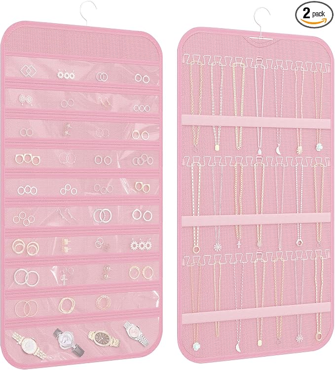 Double-Sided Hanging Jewelry Organizer for Necklaces Earrings, 2-Pack, Pink | Foldable 36 hooks & 40 clear pockets; swivel hook fits walls, doors & rods for earrings, bracelets, rings & small jewelry