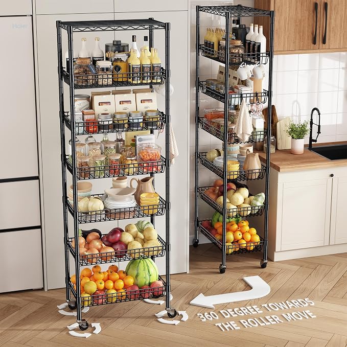 DurayLoly 7-Tier Basket Shelf Wire Shelving Unit with Wheels, Adjustable Storage Shelves with Hooks, 72" H x 24" W x 14" D Pantry Shelves for Kitchen, Bathroom, Closet & Small Spaces, Black