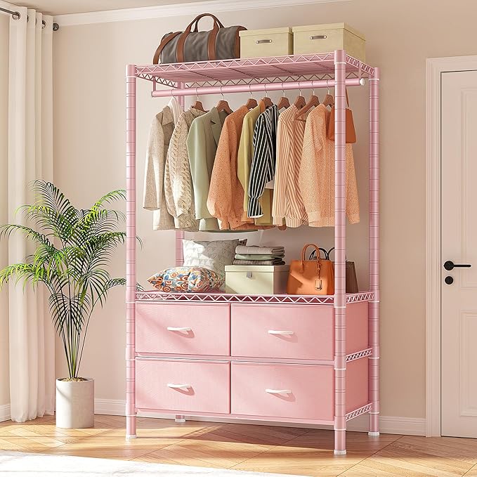 Raybee Clothes Rack with Drawers, 35" W Pink Clothing Rack Load 450LBS for Bedroom Apartment Dorm, Heavy Duty Metal Portable Closet with Adjustable Shelves, Multi-Function, Easy Assembly