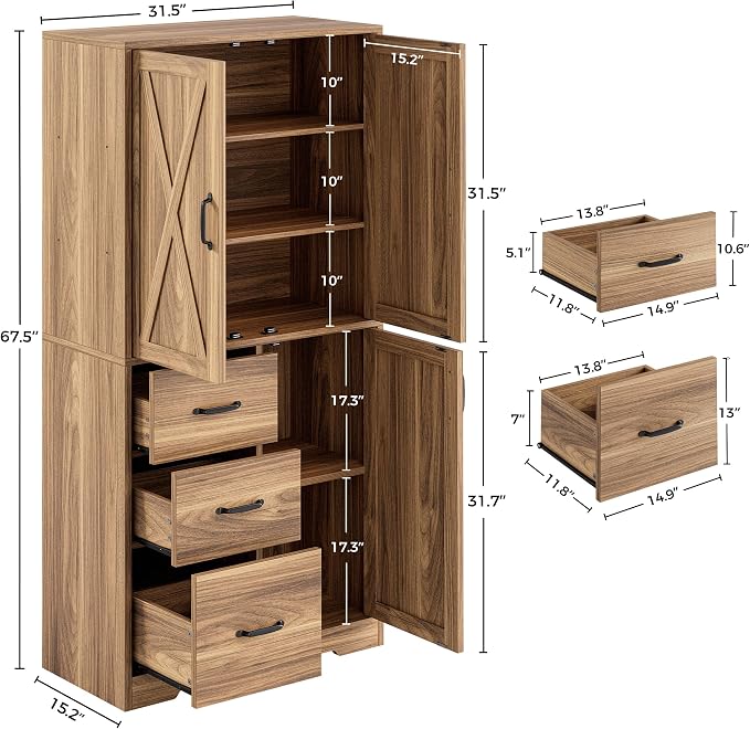 IRONCK Pantry Cabinet, 67.5 inch Tall Storage Cabinet with 3 Doors & Drawers, Farmhouse Kitchen Cabinet with Adjustable Shelves, 5 Tier Freestanding Cupboard for Kitchen, Oak Brown