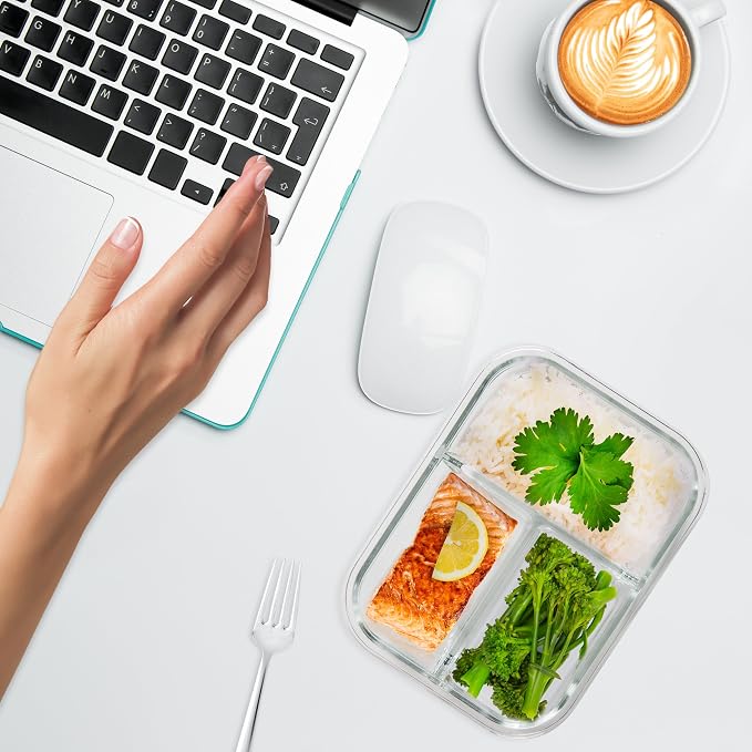 PrepNaturals 5 Pack 34 Oz Glass Meal Prep Containers - Dishwasher Microwave Freezer Oven Safe - Glass Storage Containers with Lids (Multi-Compartment) | Borosilicate Glass Meal Prep Containers - Airtight Leak-Resistant Lids, Microwave, Oven & Freezer S...