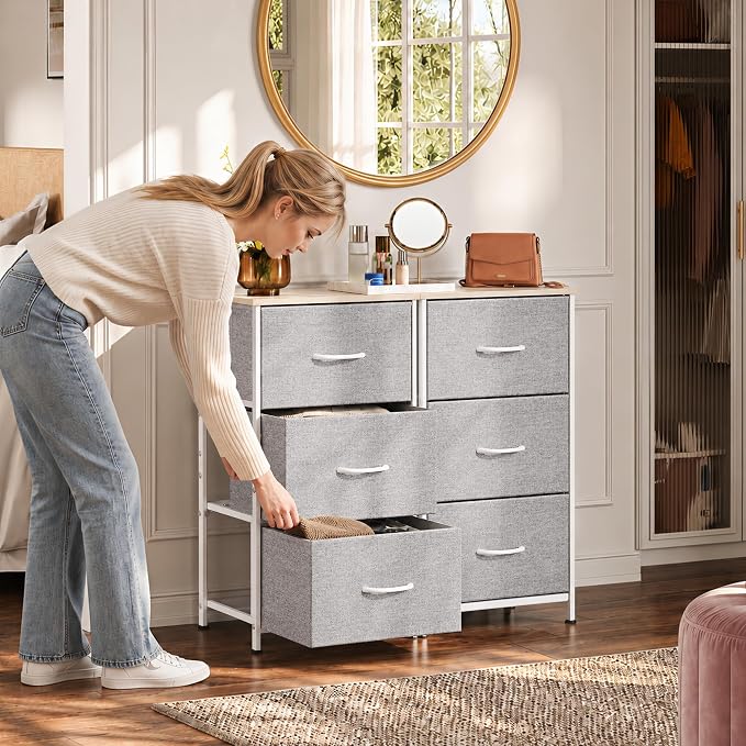 WLIVE Nightstand with 3 Drawers, Fabric Dresser, Organizer Unit, Storage Dresser for Bedroom, Hallway, Entryway, Closets, Sturdy Steel Frame, Wood Top, Easy Pull Handle, Light Grey