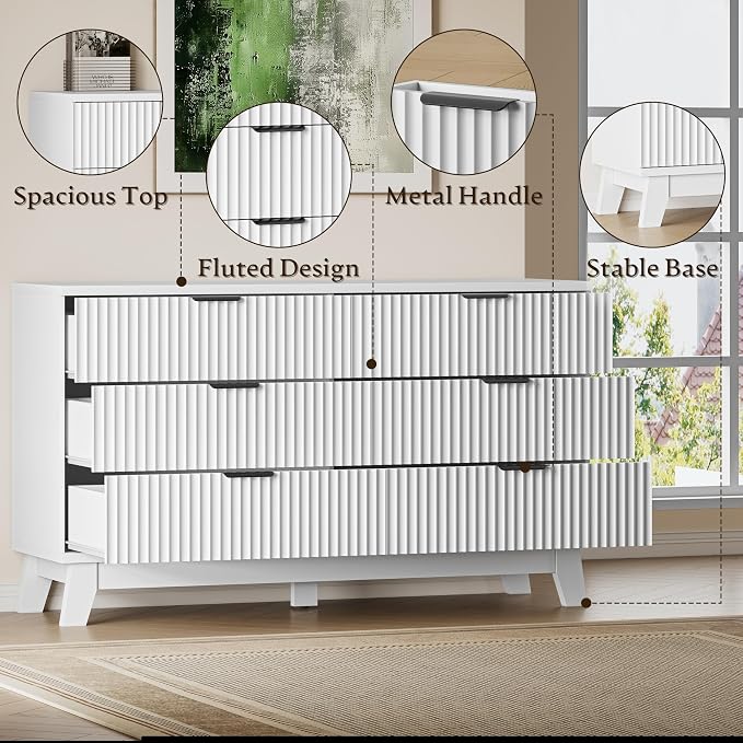 BORNOON 53" Long Dresser for Bedroom, 6-Drawer Dresser with Fluted Fronts, Wide Wood Chest of Drawers, Smooth Metal Slides, Stable Base, Modern Clothes Storage Cabinet for Living Room, Hallway