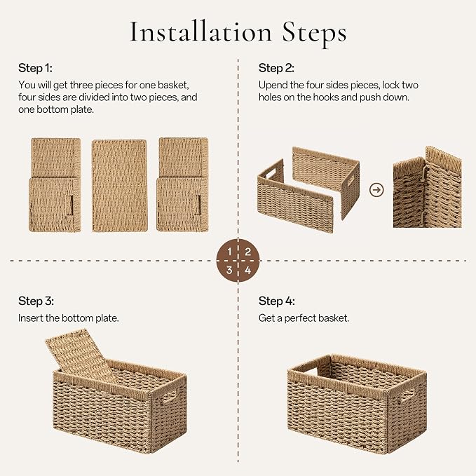 joybest Medium Wicker Baskets for Shelves, 13.4L x 8.3W x 7.1H inch Hand-woven Storage Baskets for Pantry Organizing, Foldable Rectangular Bin with Handles, 2-pack, Natural