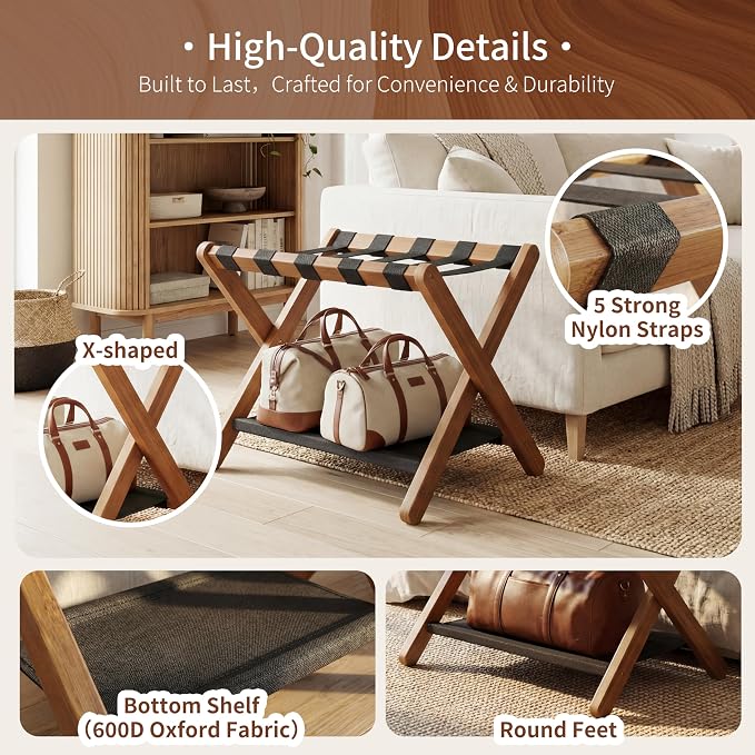 Heybly Luggage Rack for Guest Room, Folding Luggage Stand & Suitcase Holder, Suitcase Stand, Heavy Duty Wooden Luggage Rack with Double Shelf for Hotel & Bedroom, 5 Heavy Duty Straps, Walnut HLR012WB1