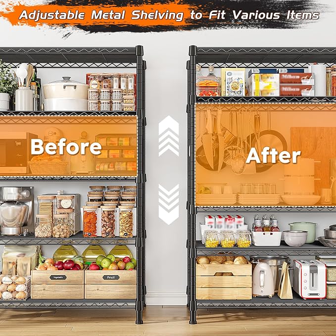 REIBII Storage Shelves 71" H Tall Wire Shelving Unit Sturdy Metal Shelves Adjustable Wide Pantry Shelves 5 Tier Deep Heavy Duty Metal Shelving Load 1500LBS Storage Rack 2 Pack