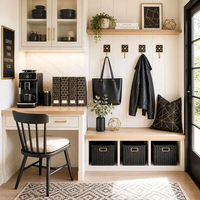 BLU MONACO | Set of 4 Black & Gold Geometric Magazine File Holders with Gold Label Holders | Stylish Vertical File Organizer Boxes for Desk, Bookshelf & Office Storage