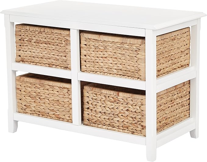 OSP Home Furnishings Seabrook Storage Tower with Solid Wood Frame and Natural Baskets, 2-Tier, 4-Drawer, White Finish