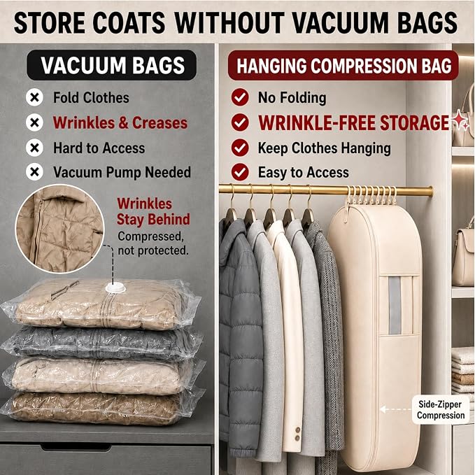 Space Saving Hanging Garment Bag, Compression Zipper for Coats & Jackets | Hanging storage keeps clothes visible and easy to find; holds 12-15 coats or 20-25 light garments; no pump needed.