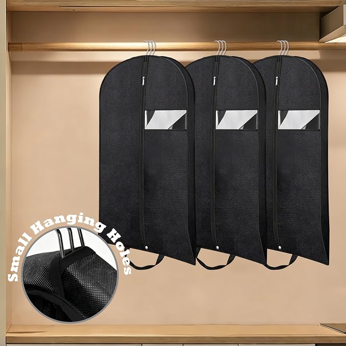 Gusseted Garment Bags for Hanging Clothes, 45'' Suit Bag Cover for Storage and Travel, Dress Bags for Gowns Long (Black)