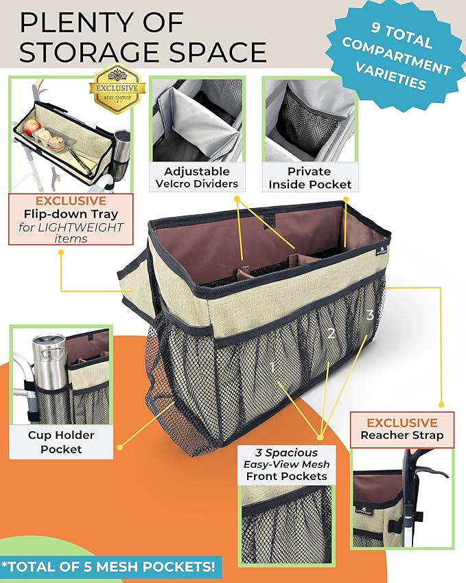 Walker Basket for Folding Walker with Flip-Down Walker Tray | Handy Cane/Reacher Strap & Cup Holder | Walker Bags for Folding Walker with Wheels, Organizer for Walker Accessories for Walker Caddy-SAND
