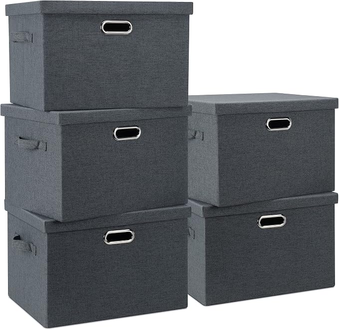 Graciadeco Large 17" 36 Quart Collapsible Stackable Storage Bins with Lids, 5 Packs Dark Gray Foldable Fabric Closet Storage Boxes with Lids Heavy-duty Linen Cube Baskets(17 x 12 x 11)