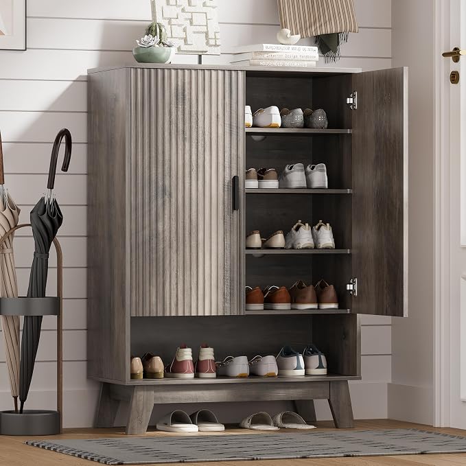 Shoe Cabinet Storage for Entryway with Doors, 5 Tier Fluted Shoe Organizer with Adjustable Shelves, Entryway Shoe Storage with Wooden Legs, Freestanding Hidden Shoe Rack for Front Door Entrance, Grey
