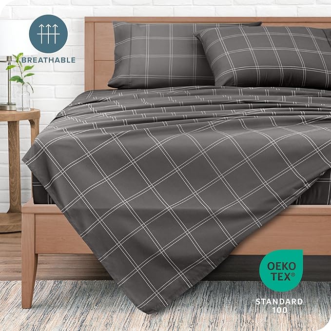 Bare Home Split King Sheet Set - 1800 Ultra-Soft Microfiber Bed Sheets - Double Brushed - Deep Pockets - Easy Fit - 5 Piece Set - Bed Sheets (Split King, Modern Plaid - Grey/White)