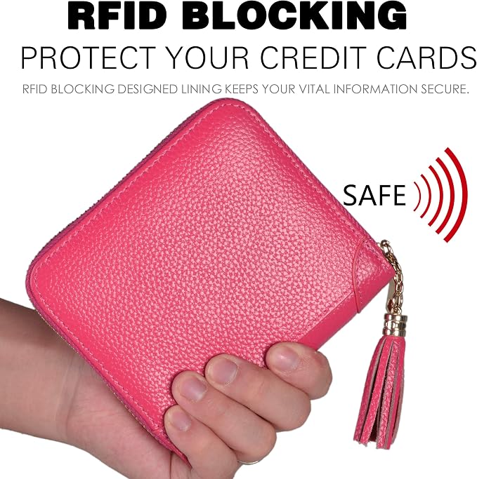 Easyoulife Womens Credit Card Holder Wallet Zip Leather Card Case RFID Blocking (Rose)