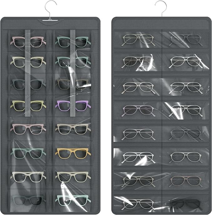Hanging Sunglasses Organizer and Storage, 32 Slots Jewelry Holder, Gray | Protect eyewear from dust with double-sided clear compartments; roof design hangs on wall, door or closet for home/RV travel.