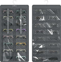 Hanging Sunglasses Organizer and Storage, 32 Slots Jewelry Holder, Gray | Protect eyewear from dust with double-sided clear compartments; roof design hangs on wall, door or closet for home/RV travel.