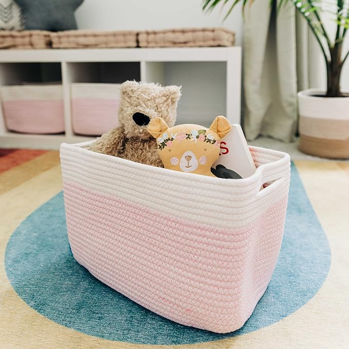 OrganiHaus Pink Cotton Rope Baskets for Shelves, Set of 3 - 15"×10"×9½" - Colorful Storage Baskets for Kids - Nursery, Playroom, Classroom - Toy Storage, Books, Towels