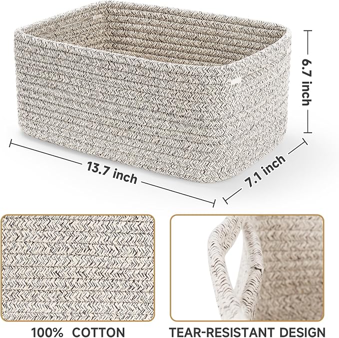 3-Pack Storage Baskets for Organizing | Woven Shelf Toy Basket | Rope Baskets for Gifts Empty | Closet Organizer Bins with Handles | Cube Decorative Box | 13.7×7.1×6.7” | Mixed brown
