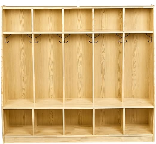 Amazon Basics Coat Locker, 5-Section with Bench, Daycare Classroom Furniture, Backpack Storage, 13"D x 54"W x 48"H, Natural Finish, Solid Pine Wood, Mudroom Furniture with Hooks for Home