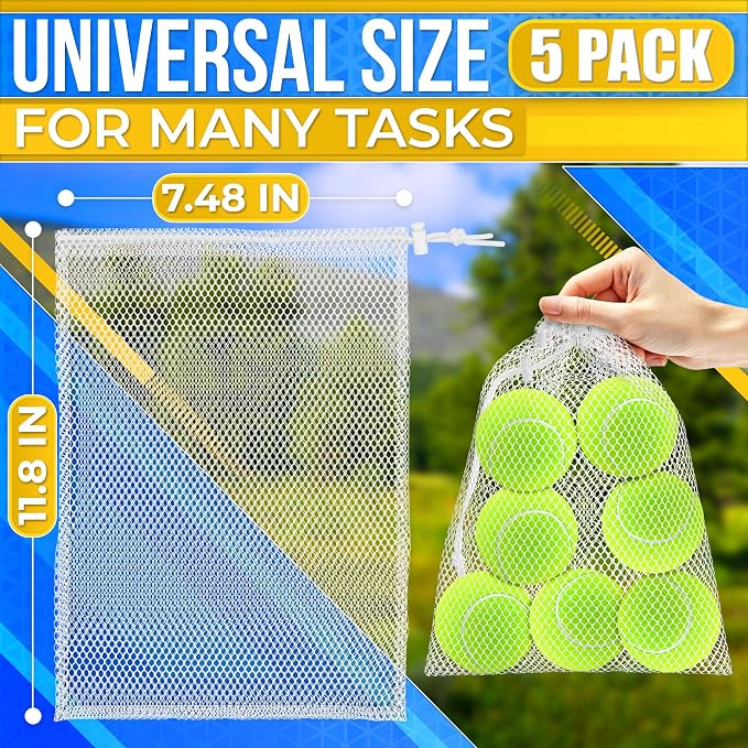 5 Pcs Small Mesh Bags with Tight Closure, 11.8 x 7.48", Nylon (White) | Mesh Laundry Bags Drawstring for Delicates; Multipurpose for Storing Balls, Clothes, Sports Gear, Beach Supplies & Travel Use