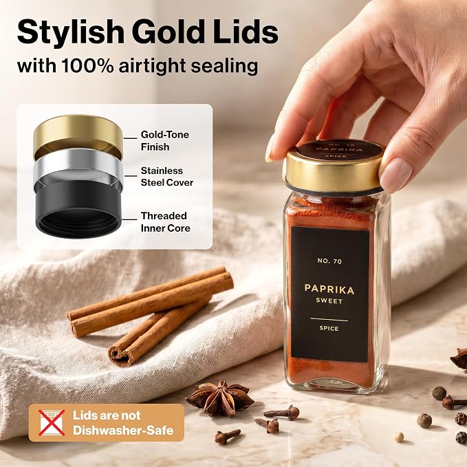 EDELHAUS Glass Spice Jars with Label, 24x Gold Stainless Steel Lids | Airtight Lids keep spices fresh, Kitchen Spice Drawer Organizer, 4oz Seasoning Containers incl. Funnel, Brush & 240 Labels