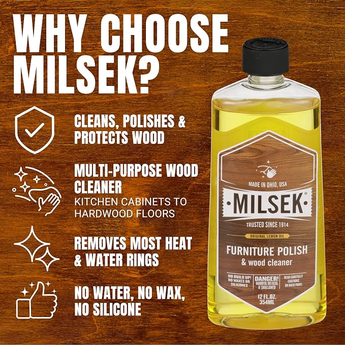 Milsek Furniture Polish and Wood Cleaner with Lemon Oil - Multipurpose Solution for Home Improvement from Hardwood Floors to Kitchen Cabinets - 12 Fl Oz (Pack of 6)