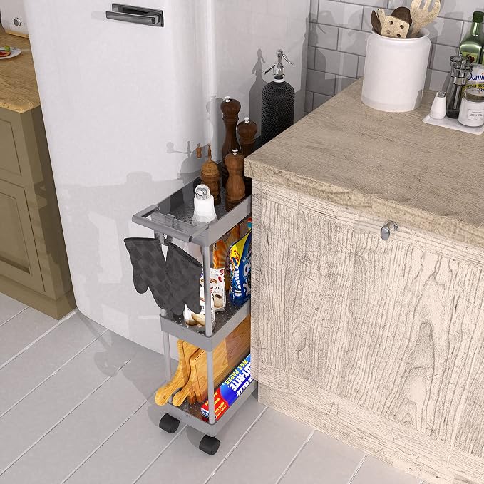 Simple Houseware 3-Tier Slim Rolling Cart w/Handle 5.5" Wx27.5 H, Gray | Storage Cart for Narrow Space (5.5-Inch Wide) Kitchen, Bathroom, Laundry Room