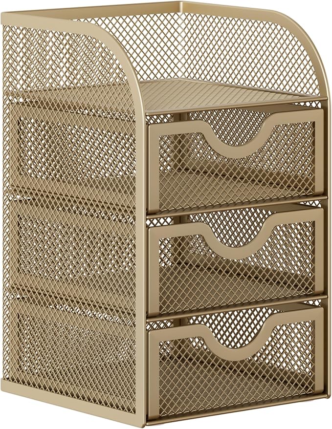 EasyPAG Mesh Desk Organizer with 3 Drawer Office Desktop Organizers and Accessories Stationery Caddy for Office, Home, Students, Gold