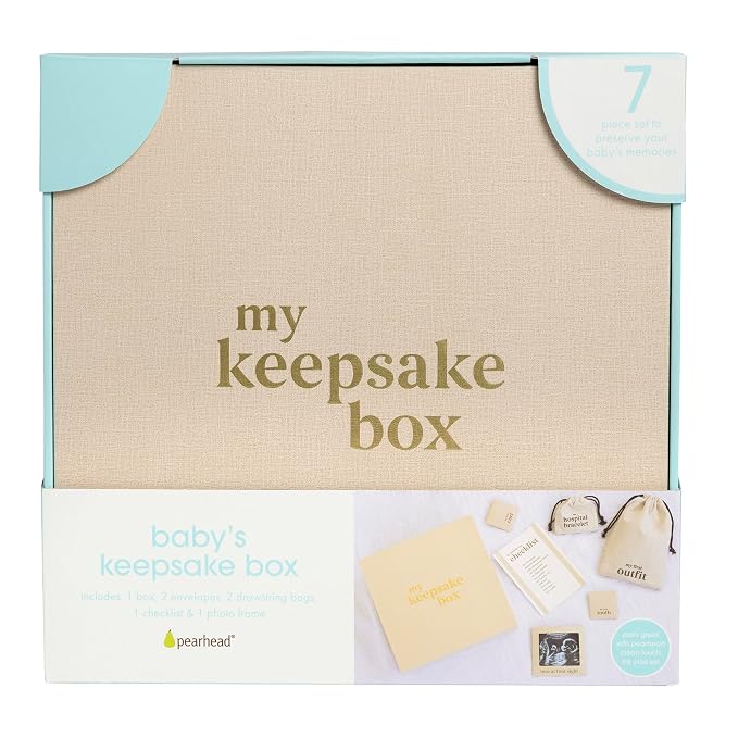 Pearhead My Keepsake Box, Baby Milestone Keepsakes | Linen Wrapped Family Heirloom Storage Box, Complete Baby Organizer Set, 10" x 10"