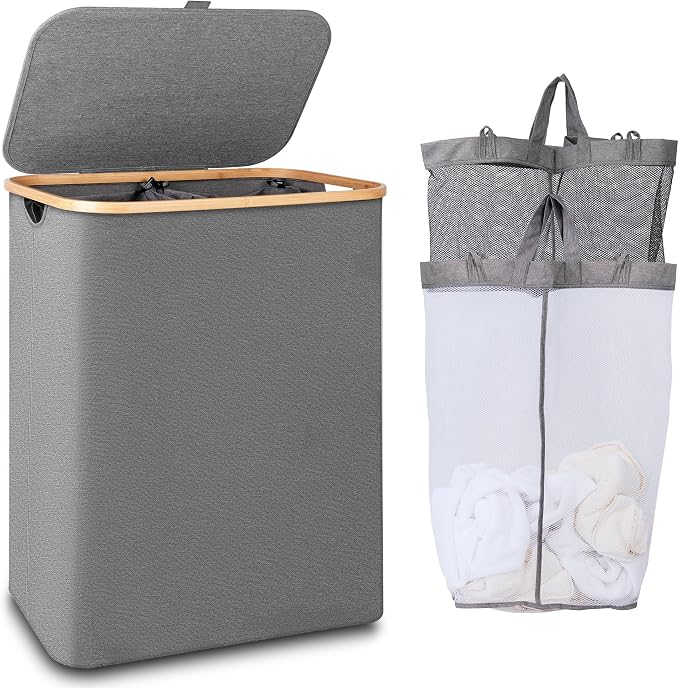 iEGrow 150L Laundry Hamper with Lid-Large Laundry Basket with Bamboo Handles, Grey Hampers for Laundry, Dirty Clothes Hamper with 2 Removable Inner Bags for Clothes Towels
