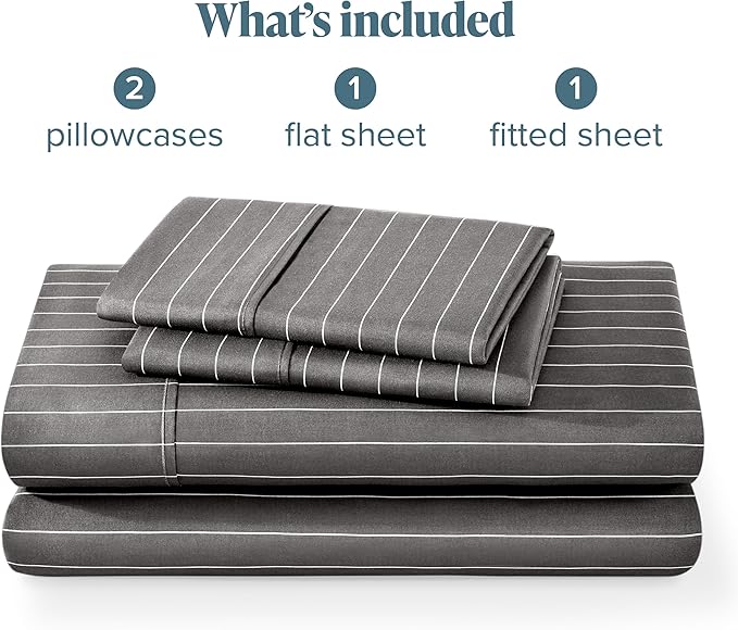 Bare Home California King Sheet Set - Luxury 1800 Ultra- Soft Double Brushed Microfiber - Deep Pockets - Easy Fit - 4 Piece Bedding Sheet Set (California King, Pinstripe - Grey/White)