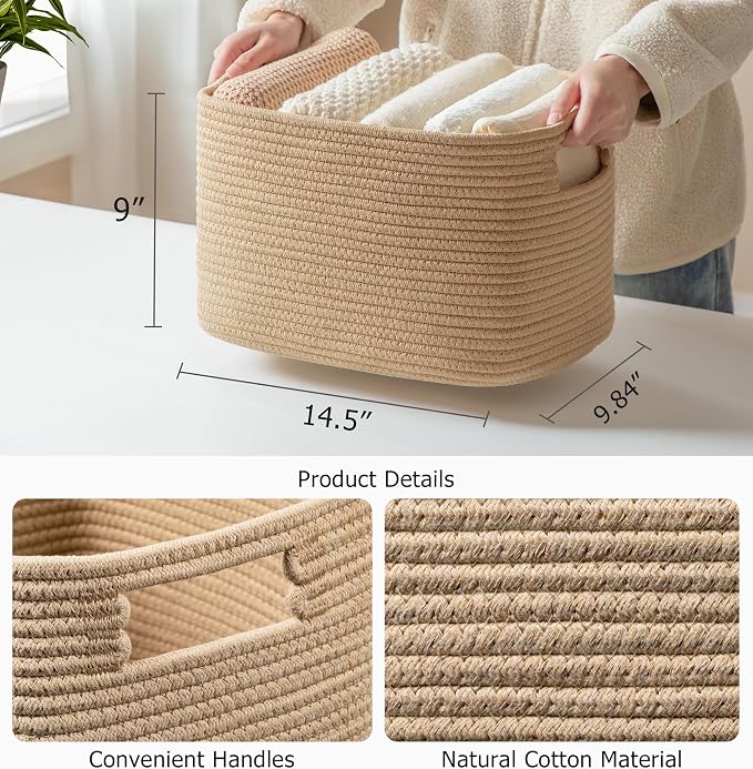 4 Pack Storage Baskets for Organizing, Shelf Baskets with Handles, Brown | 14.5"L x 9.8"W x 9"H, Woven Basket, Cotton Rope Basket, Toy Storage, Cube Shelf, Gift Baskets Empty, Home Decor