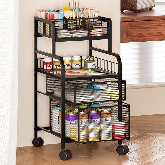 SWTYMIKI Rolling Cart with Drawers - Metal Craft Cart with Wheels, DIY Divider and Wood Shelf, Art Supply Organizer for Under Desk Storage, Utility Storage Cart for Home Office Studio, Black