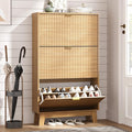 HUANLEGO Shoe Cabinet Storage for Entryway with 3 Flip Drawers, Fluted Narrow Shoe Organizer with Wooden Legs, Freestanding Slim Shoe Storage Hidden Shoe Rack Organizer for Front Door Entrance, Oak