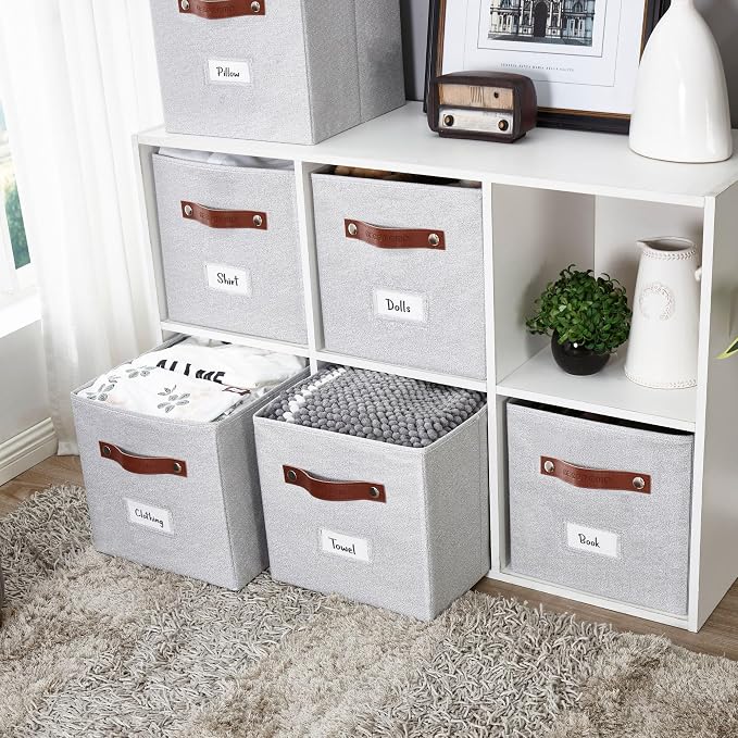 DECOMOMO Storage Bins, Cube Storage Bin with Labels, Fabric Storage Cubes for Shelves (11" / 6pcs, Light Texture Grey)