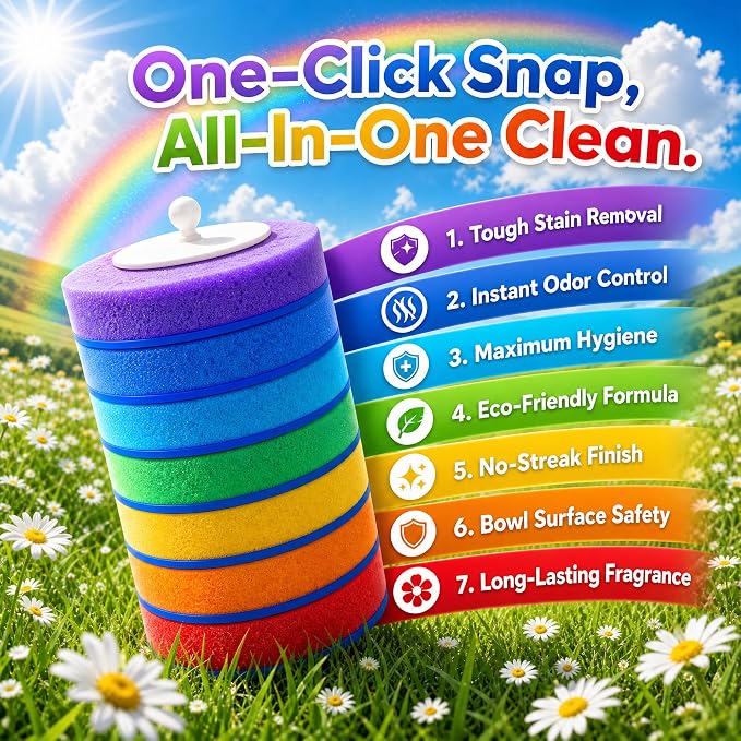 Disposable Toilet Brush and Holder Set - Hands-Free Eject Sponge Toilet Wand with Floor Standing Caddy, Secure-Lock Hangable Toilet Scrubber (42 Refills(Colorful))