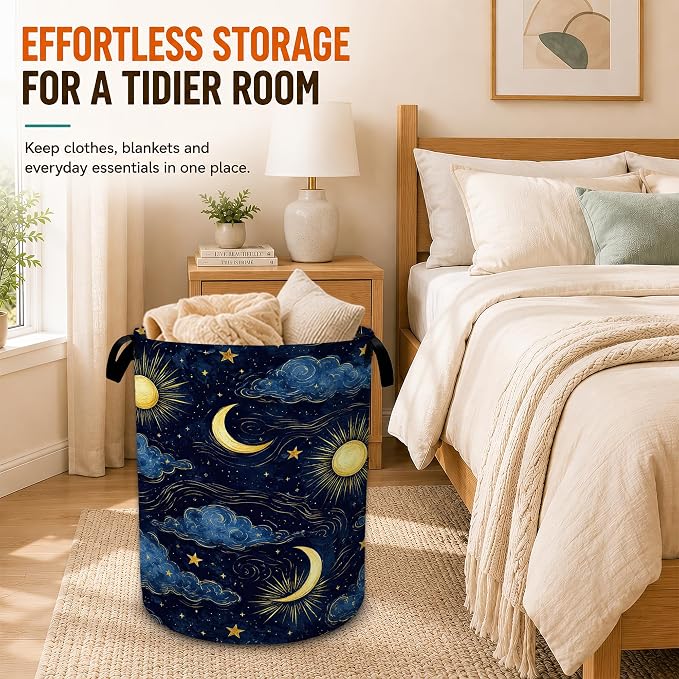Sun Moon Laundry Basket,Stars Clouds Foldable Oxford Laundry Hamper with Handles,Collapsible Clothes Storage Bucket Tote Bag for Laundry Room,Bathroom,Bedroom,Dorm